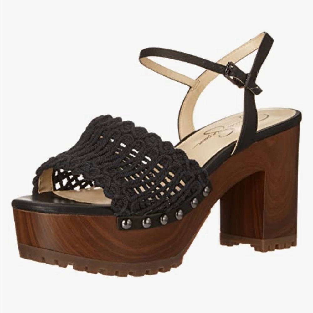 Jessica Simpson Black Crochet Platform Sandals with Wood-Effect Heel